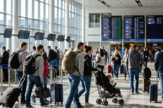 Επιβάτες περπατούν στον τερματικό σταθμό του αεροδρομίου της Στουτγάρδης με φόντο πίνακες αναχωρήσεων.