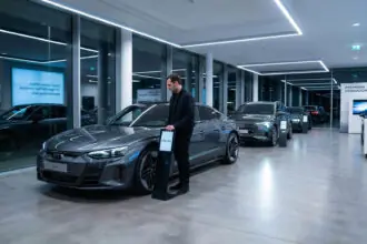 Αντιπροσωπεία αυτοκινήτων στη Γερμανία με θολή φιγούρα πελάτη να κοιτάζει προβληματισμένος την τιμή σε ένα καινούργιο όχημα.