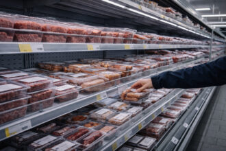 Ψυγεία με συσκευασμένα προϊόντα κρέατος σε διάδρομο γερμανικού σούπερ μάρκετ.
