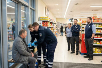 Άνδρας και διασώστες σε σούπερ μάρκετ στο Landshut μετά από κλήση για ζάλη, χωρίς επιβεβαιωμένο επείγον
