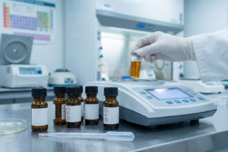 Εργαστηριακός εξοπλισμός και φιαλίδια υγρών ηλεκτρονικού τσιγάρου υπό επιστημονική εξέταση