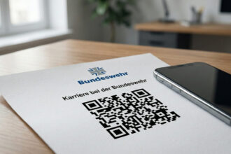 Ένας φάκελος της Bundeswehr με έναν κωδικό QR πάνω στο τραπέζι, με φόντο την ταυτότητα ενός νέου, συμβολίζοντας την έναρξη της διαδικασίας θητείας.