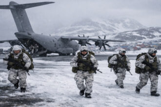 Γερμανικό στρατιωτικό αεροσκάφος A400M και στρατιώτες στο χιονισμένο αεροδρόμιο του Νουκ στη Γροιλανδία.