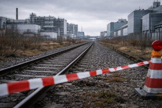 Σιδηροδρομικές γραμμές στο Ντάρμσταντ με βιομηχανικές εγκαταστάσεις στο βάθος, υπό συννεφιασμένο ουρανό.