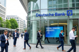 Εξωτερική όψη υποκαταστήματος της Deutsche Bank στη Γερμανία με περαστικούς, συμβολίζοντας τις αλλαγές στο δίκτυο.