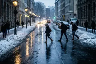 Παγωμένος δρόμος σε γερμανική πόλη με θολά φώτα αυτοκινήτων και χιόνι στις άκρες, πρωινή ομίχλη και αίσθηση ψύχους.