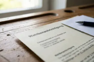 Φάκελος εκλογικής ειδοποίησης Wahlbenachrichtigung πάνω σε ξύλινο τραπέζι με γερμανική σφραγίδα.