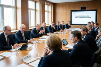 Συνεδρίαση επιχειρηματιών και πολιτικών σε αίθουσα συζήτησης για φορολογικά ζητήματα στη Γερμανία