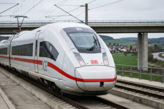 Σύγχρονη αμαξοστοιχία ICE της Deutsche Bahn σταματημένη σε σταθμό με επιβάτες να περιμένουν