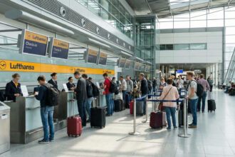 Επιβάτες της Lufthansa σε χώρο check-in αεροδρομίου με ψηφιακές υπηρεσίες ταξιδιού