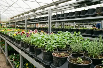 Σειρές από μαύρες πλαστικές γλάστρες με φυτά σε ράφια φυτωρίου.