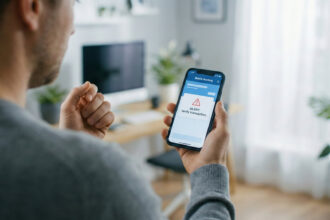 Χέρι που κρατά smartphone με εφαρμογή e-banking, εστιάζοντας σε ένδειξη προειδοποίησης στην οθόνη.