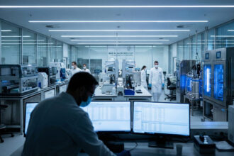Εργαστηριακό περιβάλλον με ιατρικό εξοπλισμό και οθόνες που απεικονίζουν διαγνωστικά δεδομένα.