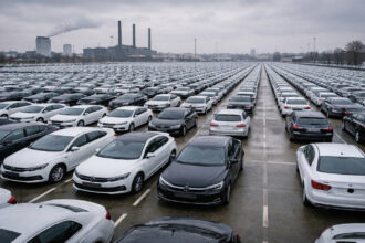 Εκατοντάδες καινούργια αυτοκίνητα Volkswagen σταθμευμένα σε εργοστασιακό χώρο κάτω από συννεφιασμένο ουρανό.