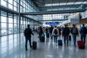 Επιβάτες με αποσκευές σε γερμανικό αεροδρόμιο κατά τη διαδικασία αναχώρησης