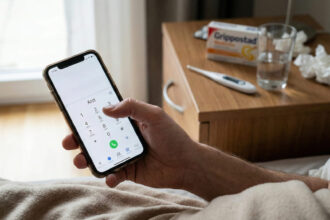 Κοντινό πλάνο σε χέρι που κρατά smartphone κάνοντας κλήση, με θολωμένα φάρμακα και θερμόμετρο στο βάθος, σε οικιακό περιβάλλον.