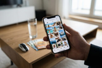 Κινητό τηλέφωνο με εφαρμογή Instagram και στο βάθος θολό ένα πολυτελές ηλεκτρικό αυτοκίνητο