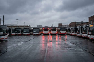 Σειρά από ακινητοποιημένα αστικά λεωφορεία σε αμαξοστάσιο της Γερμανίας κατά τη διάρκεια απεργίας.