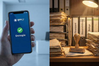 Σύγκριση ψηφιακής εφαρμογής gov.gr σε smartphone με γερμανικούς φακέλους γραφειοκρατίας
