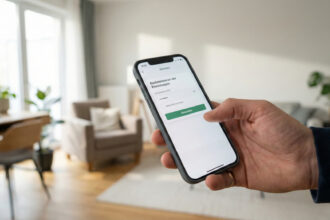 Χέρι κρατά smartphone με την εφαρμογή MeinELSTER+ σε θολό φόντο γραφείου