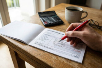 Γκρο πλαν σε γερμανικό εκκαθαριστικό μισθοδοσίας με εστίαση στο πεδίο Kirchensteuer και έναν υπολογιστή τσέπης δίπλα.