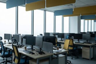 Κτίριο γραφείων της IKEA στη Γερμανία με άδειους χώρους εργασίας και τηλεφωνικά κέντρα