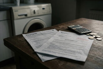 Φάκελος με έγγραφα του Jobcenter και μια αριθμομηχανή πάνω σε τραπέζι