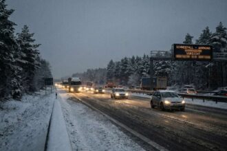 Χιονισμένος αυτοκινητόδρομος στη Γερμανία με αυτοκίνητα να κινούνται προσεκτικά υπό χιονόπτωση