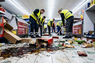 Υπάλληλοι καθαρίζουν τους διαδρόμους σούπερ μάρκετ στο Altenburg μετά από βανδαλισμούς