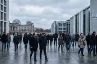 Γερμανοί πολίτες διασχίζουν έναν πολυσύχναστο δρόμο στο κέντρο του Βερολίνου