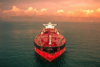 Εγκαταστάσεις τερματικού σταθμού LNG σε γερμανικό λιμάνι με φόντο συννεφιασμένο ουρανό.