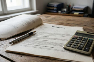 Γκρο πλαν σε γερμανικό συμβόλαιο μίσθωσης κατοικίας με ένα στυλό και μια αριθμομηχανή πάνω σε ξύλινο γραφείο.