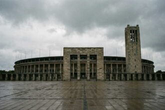 Το κτίριο του ιστορικού Ολυμπιακού Σταδίου του Βερολίνου κάτω από συννεφιασμένο ουρανό