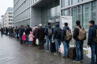 υκρανοί πρόσφυγες περιμένουν σε σειρά έξω από κέντρο καταγραφής στη Γερμανία