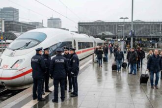 Αστυνομικοί στον σταθμό του Stendal δίπλα σε μια σταματημένη αμαξοστοιχία ICE της Deutsche Bahn
