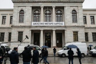 Γενικό πλάνο από το δικαστικό μέγαρο Λάρισας με θολή κίνηση πολιτών και δημοσιογράφων στον εξωτερικό χώρο