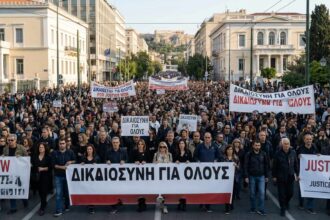 Πλήθος κόσμου συγκεντρωμένο σε κεντρική πλατεία κατά τη διάρκεια ειρηνικής πορείας μνήμης με σημαίες