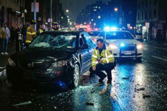 Αστυνομικός ελέγχει ένα τρακαρισμένο αυτοκίνητο σε σκοτεινό δρόμο τη νύχτα