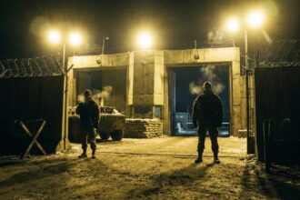 Στρατιωτικό προσωπικό ασφαλείας επιτηρεί την είσοδο μεγάλης βάσης κατά τη διάρκεια της νύχτας