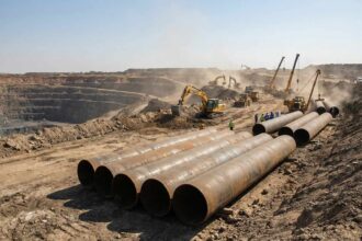 Κατασκευή αγωγού νερού στο Tagebau Hambach με μεγάλους βιομηχανικούς σωλήνες