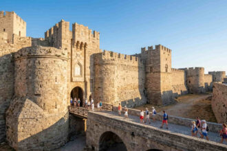 Die massiven mittelalterlichen Festungsmauern der Altstadt von Rhodos unter blauem Himmel