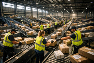 Εργαζόμενοι της Amazon σε σύγχρονο κέντρο logistics στη Γερμανία ταξινομούν πακέτα