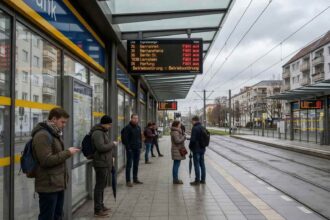 Επιβάτες περιμένουν μάταια σε άδεια στάση λεωφορείου κατά τη διάρκεια απεργίας των μέσων μεταφοράς στη Γερμανία
