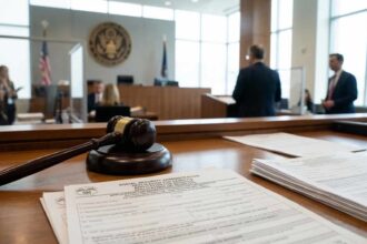 Έγγραφα αιτήσεων για κοινωνικά επιδόματα δίπλα σε ένα δικαστικό σφυρί πάνω σε ξύλινο έδρανο