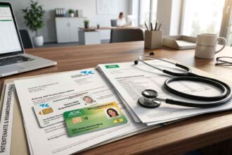 Έγγραφα ασφάλισης υγείας και ένας ιατρικός στηθοσκόπιο πάνω σε ξύλινο γραφείο