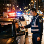 Ein griechischer Polizist führt bei Nacht eine Verkehrskontrolle auf einer Straße in Athen durch