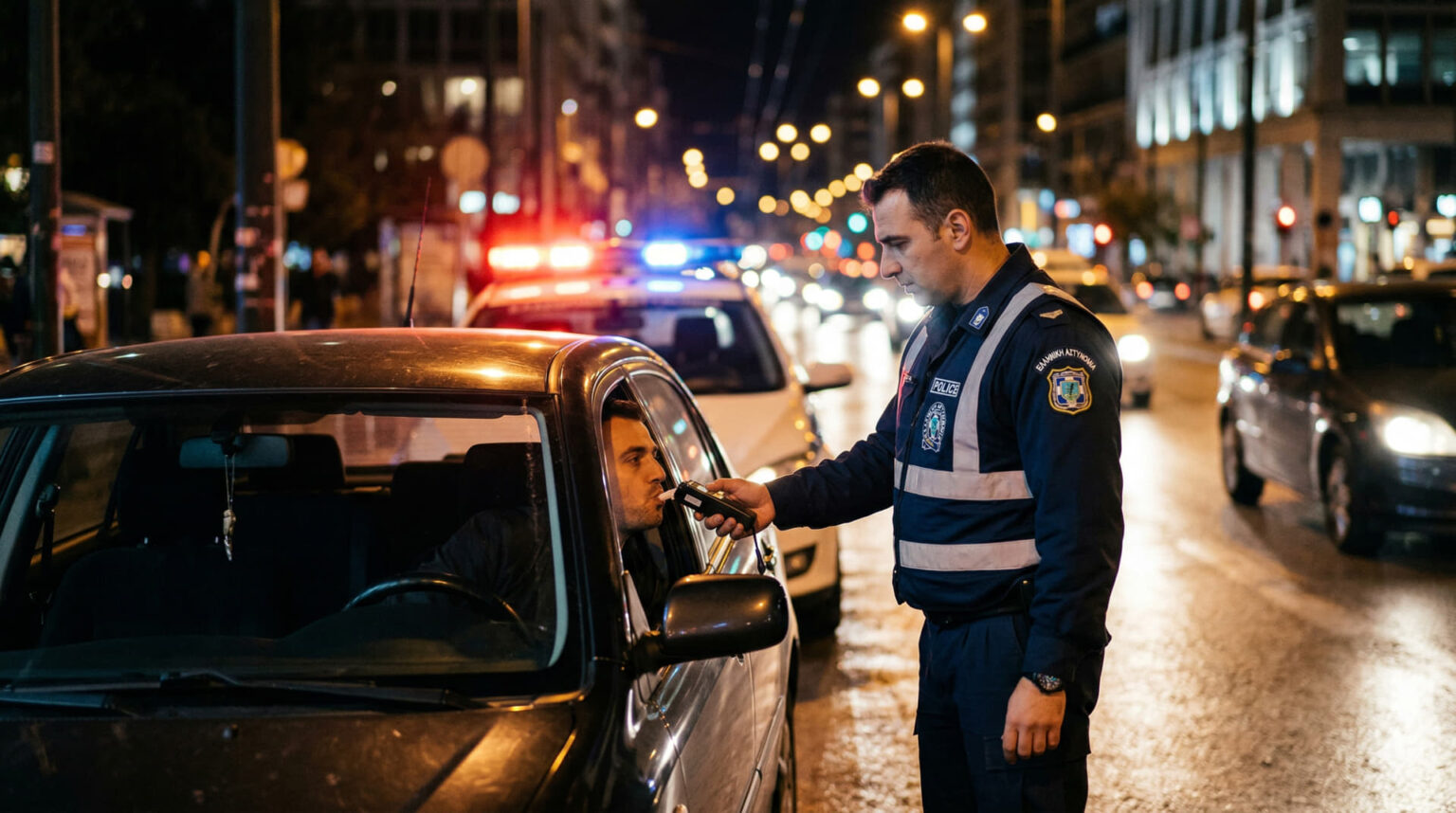 Ein griechischer Polizist führt bei Nacht eine Verkehrskontrolle auf einer Straße in Athen durch