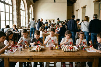 Familien und Kinder basteln während eines Oster-Workshops in einer kulturellen Einrichtung in Athen