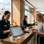 Eine moderne Hotelrezeption in Athen mit einem digitalen Tablet, das Buchungsdaten für Ostern anzeigt