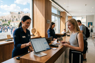 Eine moderne Hotelrezeption in Athen mit einem digitalen Tablet, das Buchungsdaten für Ostern anzeigt